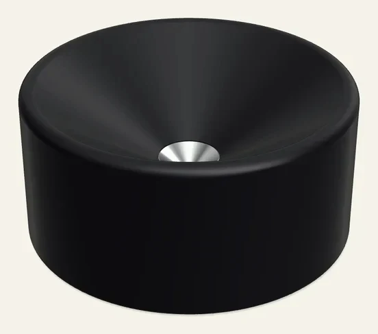 Black anodised aluminium pivot stand, a round block with a shallow funnel and a steel seat at its centre.